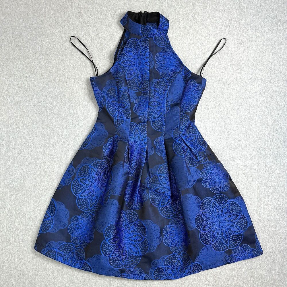 Mystic Blue Black Flower Sleeveless Mini Party Dress High Neck Fit Size S